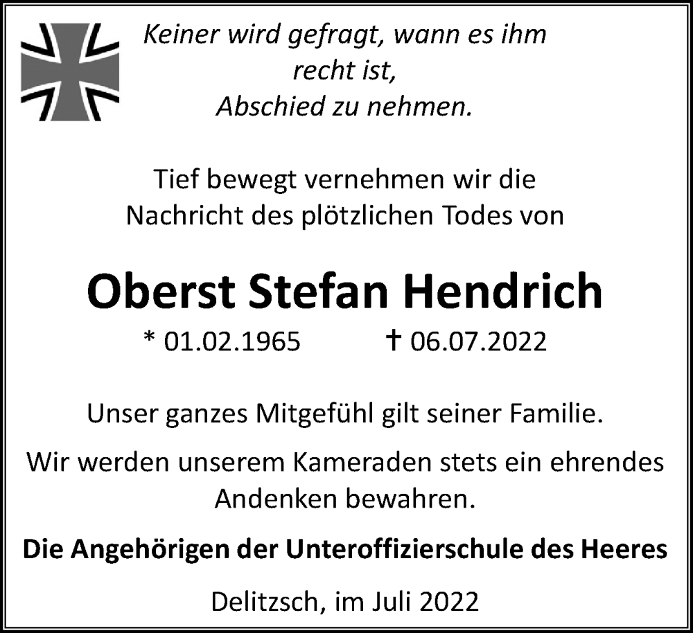  Traueranzeige für Stefan Hendrich vom 29.07.2022 aus Thüringer Allgemeine, Thüringische Landeszeitung