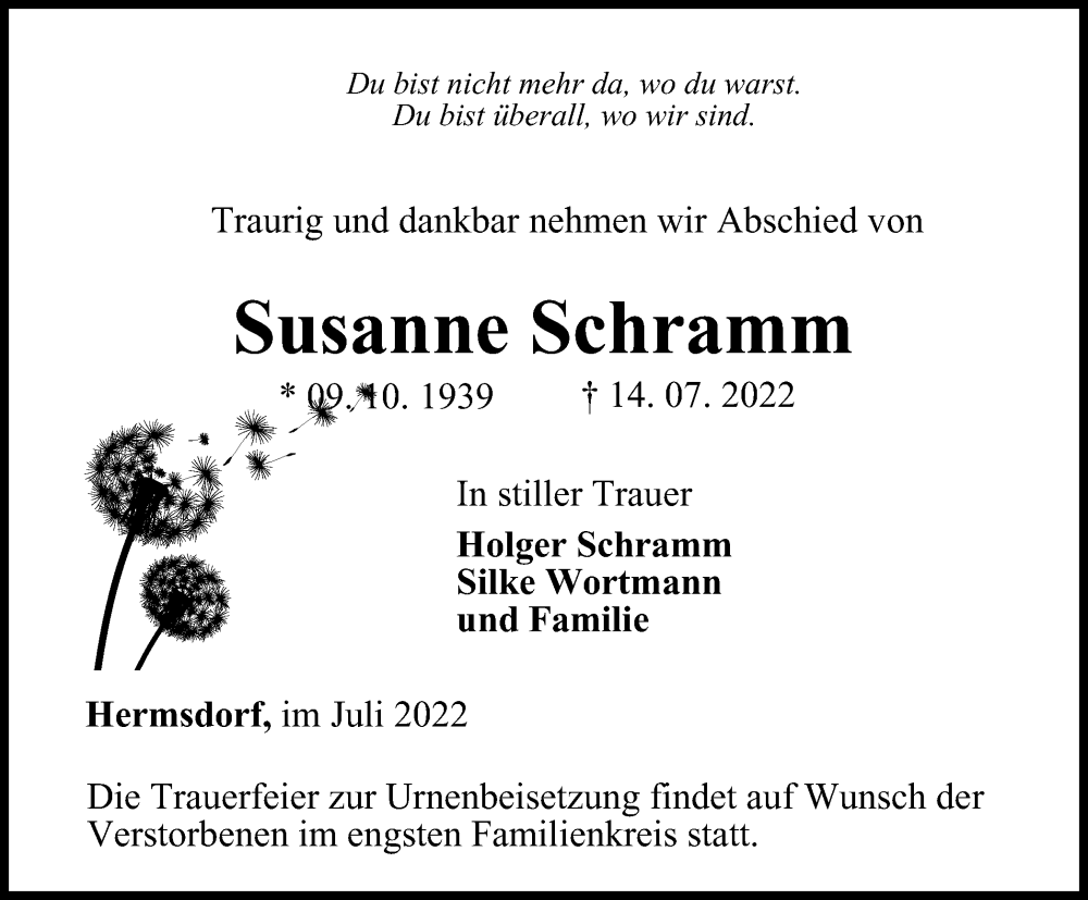  Traueranzeige für Susanne Schramm vom 23.07.2022 aus Ostthüringer Zeitung