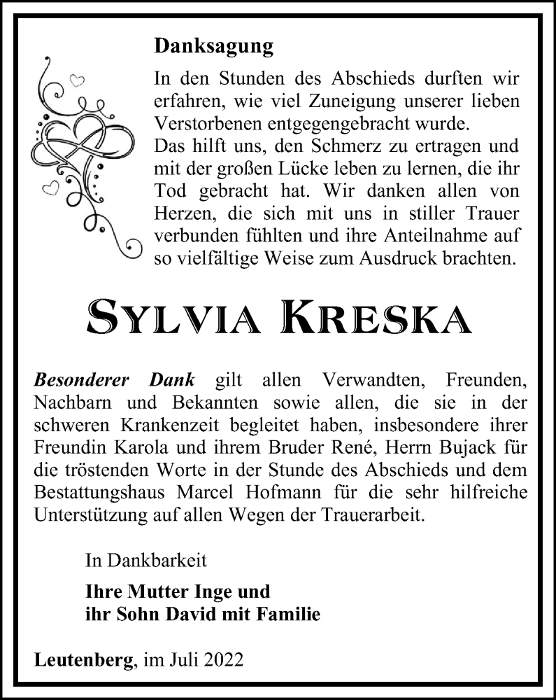  Traueranzeige für Sylvia Kreska vom 16.07.2022 aus Ostthüringer Zeitung