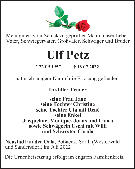 Traueranzeige von Ulf Petz