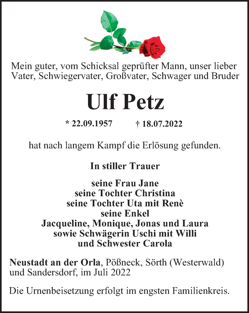  Traueranzeige für Ulf Petz vom 23.07.2022 aus Ostthüringer Zeitung
