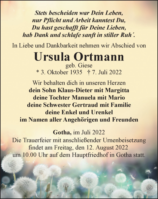 Traueranzeige von Ursula Ortmann von Thüringer Allgemeine, Thüringische Landeszeitung