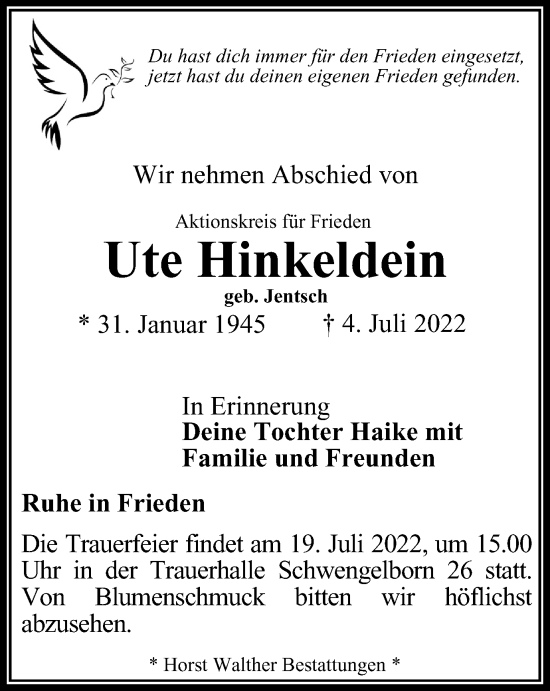 Traueranzeige von Ute Hinkeldein