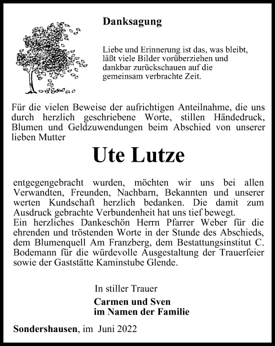 Traueranzeige von Ute Lutze