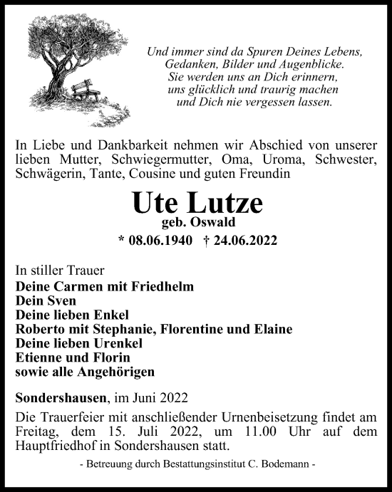 Traueranzeige von Ute Lutze