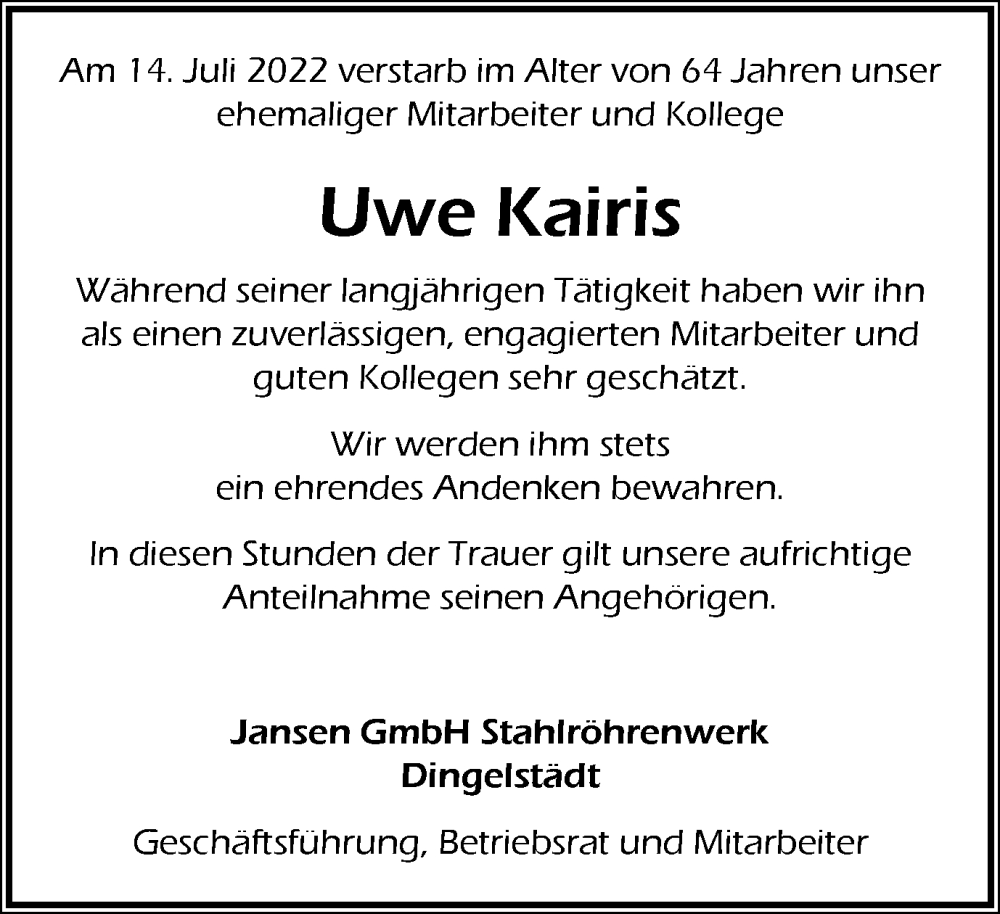  Traueranzeige für Uwe Kairis vom 29.07.2022 aus Thüringer Allgemeine