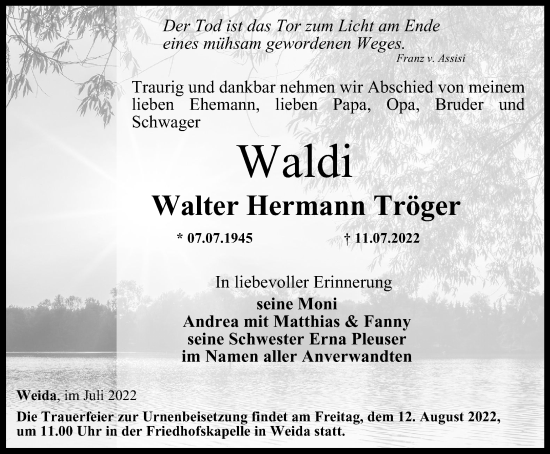 Traueranzeige von Walter Hermann Tröger von Ostthüringer Zeitung