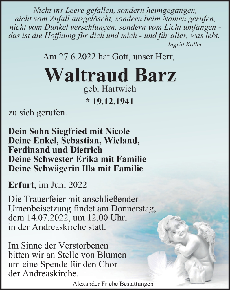  Traueranzeige für Waltraud Barz vom 09.07.2022 aus Thüringer Allgemeine, Thüringische Landeszeitung