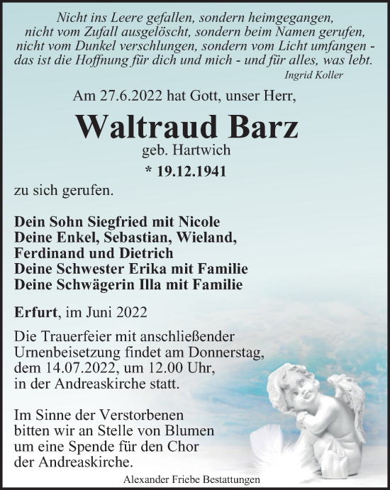 Traueranzeige von Waltraud Barz von Thüringer Allgemeine, Thüringische Landeszeitung