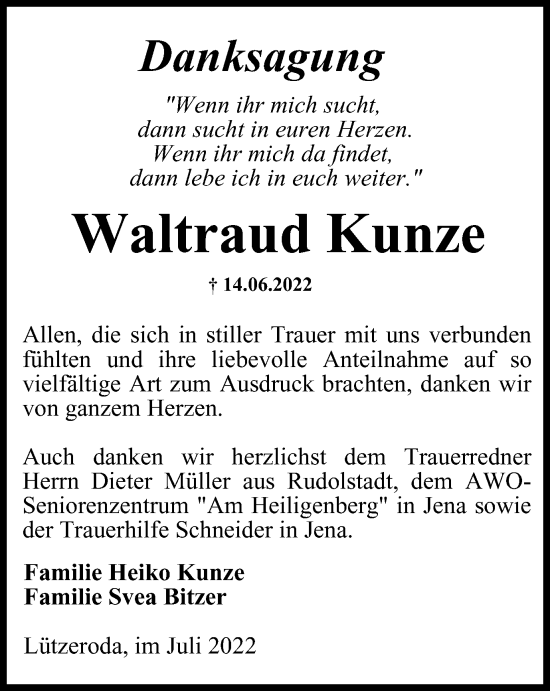 Traueranzeige von Waltraud Kunze von Ostthüringer Zeitung, Thüringische Landeszeitung