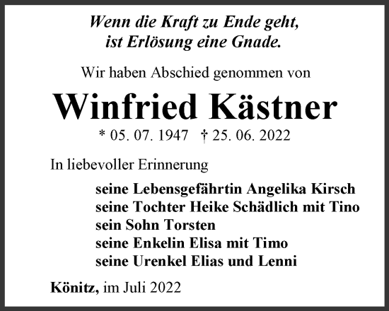 Traueranzeige von Winfried Kästner von Ostthüringer Zeitung