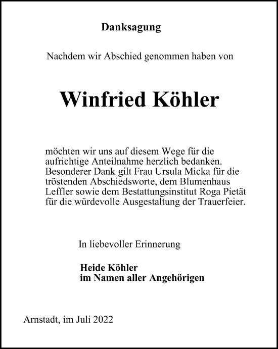 Traueranzeige von Winfried Köhler von Thüringer Allgemeine