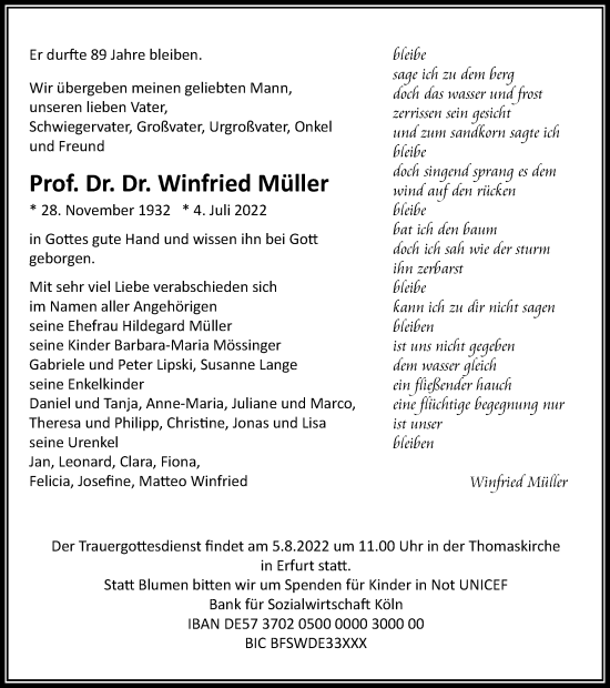 Traueranzeige von Winfried Müller