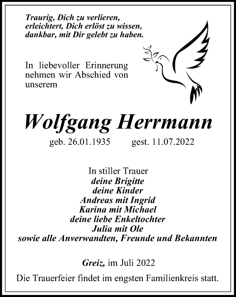  Traueranzeige für Wolfgang Herrmann vom 15.07.2022 aus Ostthüringer Zeitung