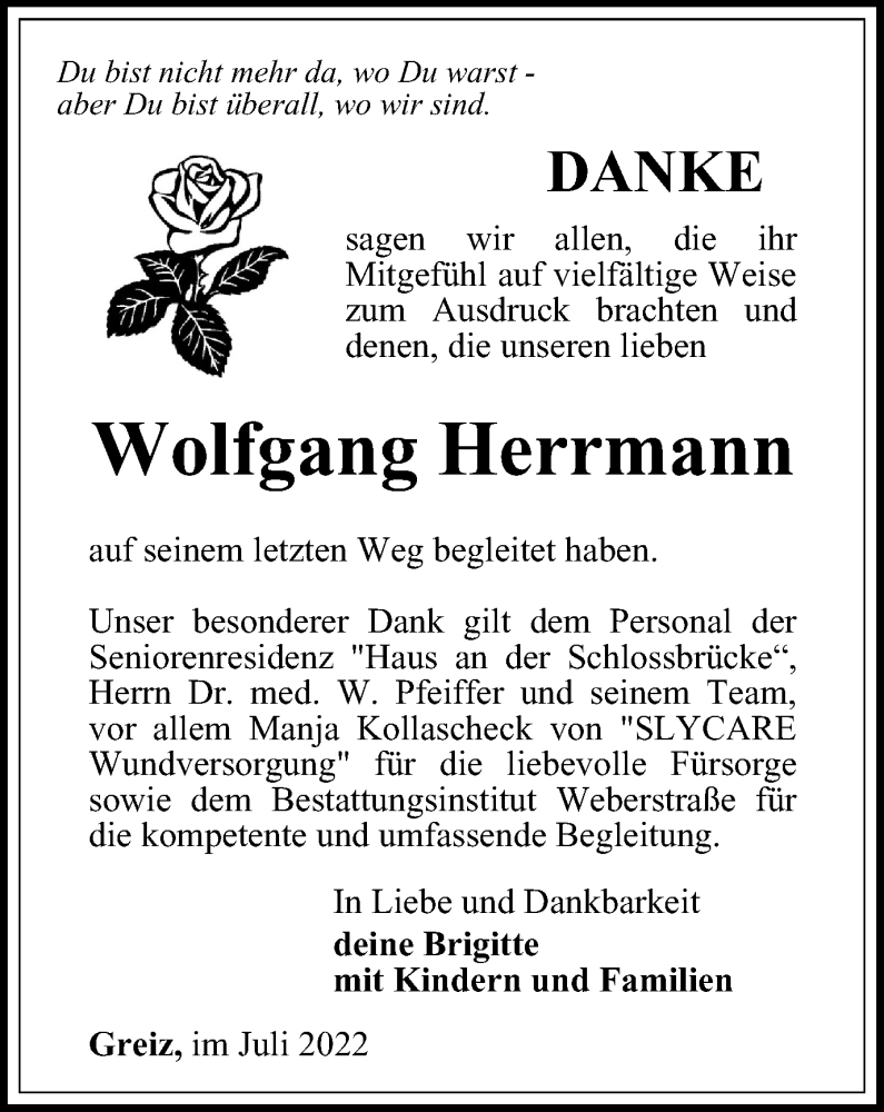  Traueranzeige für Wolfgang Herrmann vom 29.07.2022 aus Ostthüringer Zeitung
