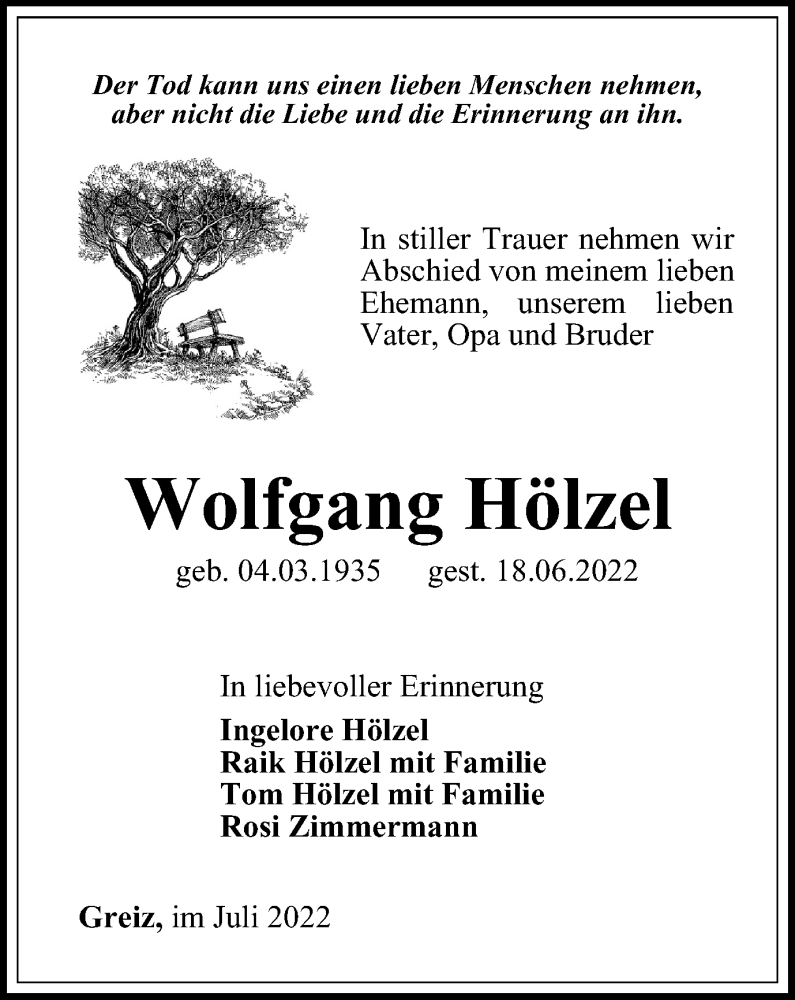  Traueranzeige für Wolfgang Hölzel vom 01.07.2022 aus Ostthüringer Zeitung