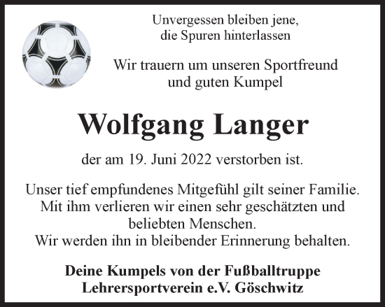 Traueranzeige von Wolfgang Langer von Ostthüringer Zeitung, Thüringische Landeszeitung
