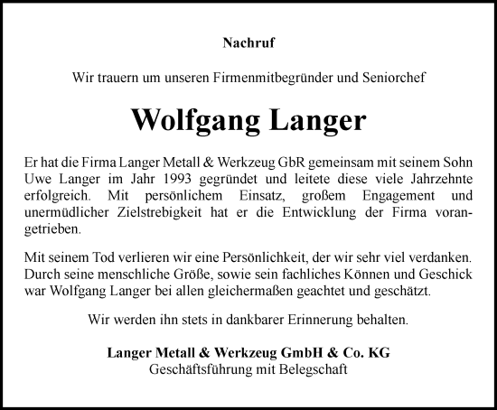 Traueranzeige von Wolfgang Langer von Ostthüringer Zeitung, Thüringische Landeszeitung