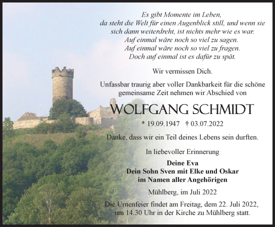Traueranzeige von Wolfgang Schmidt von Thüringer Allgemeine, Thüringische Landeszeitung
