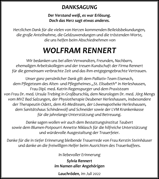 Traueranzeige von Wolfram Rennert von Thüringer Allgemeine, Thüringische Landeszeitung