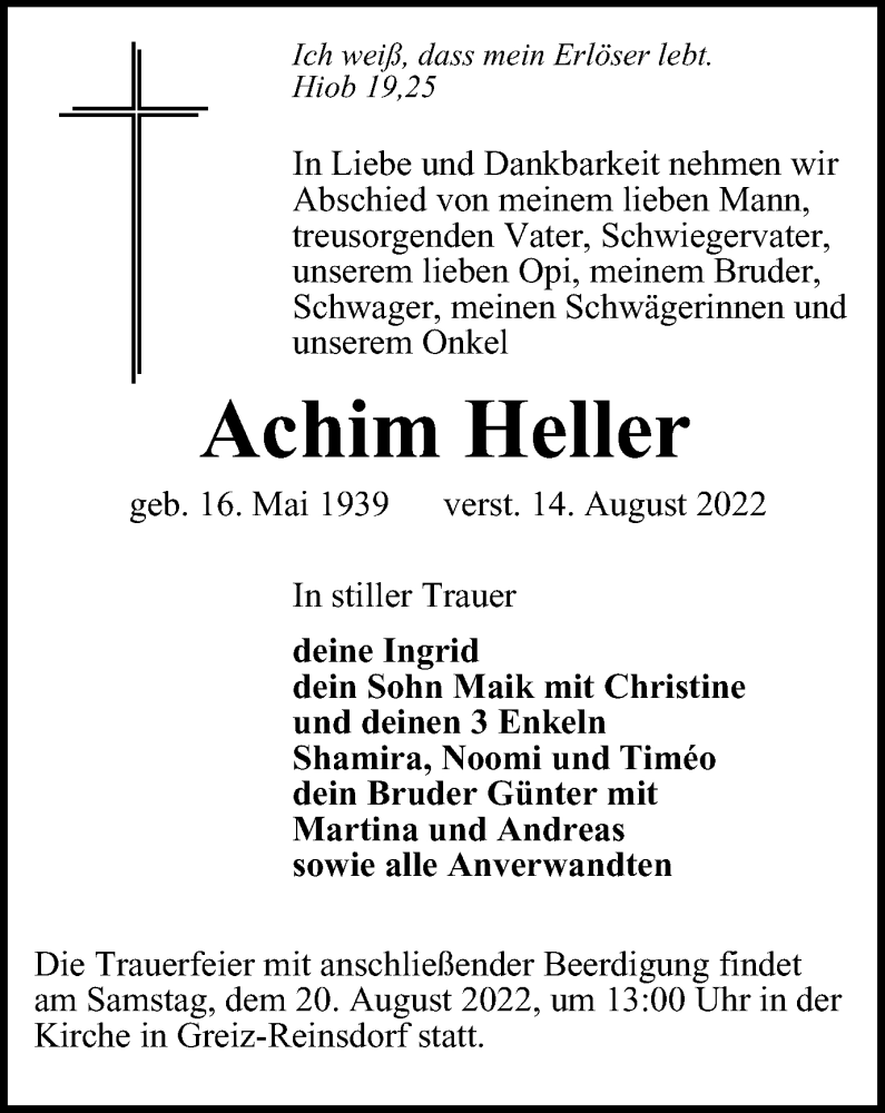  Traueranzeige für Achim Heller vom 17.08.2022 aus Ostthüringer Zeitung