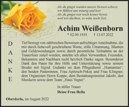 Traueranzeige von Achim Weißenborn von Thüringer Allgemeine, Thüringische Landeszeitung