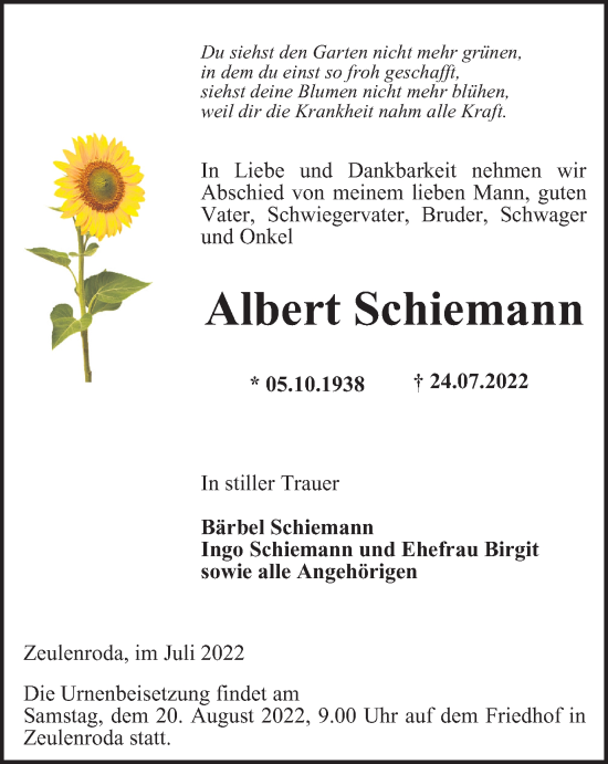 Traueranzeige von Albert Schiemann von Ostthüringer Zeitung