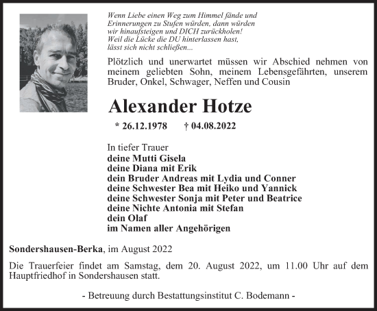 Traueranzeige von Alexander Hotze