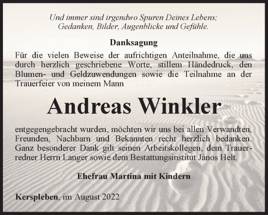 Traueranzeige von Andreas Winkler von Thüringer Allgemeine, Thüringische Landeszeitung