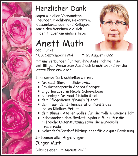 Traueranzeige von Anett Muth von Thüringer Allgemeine
