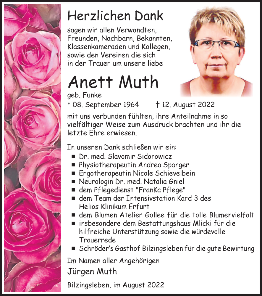  Traueranzeige für Anett Muth vom 27.08.2022 aus Thüringer Allgemeine