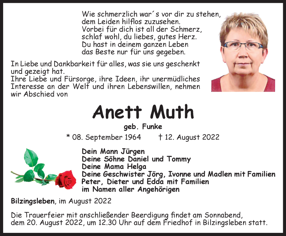  Traueranzeige für Anett Muth vom 17.08.2022 aus Thüringer Allgemeine