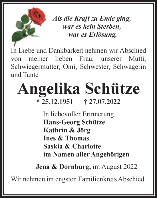 Traueranzeige von Angelika Schütze von Ostthüringer Zeitung, Thüringische Landeszeitung