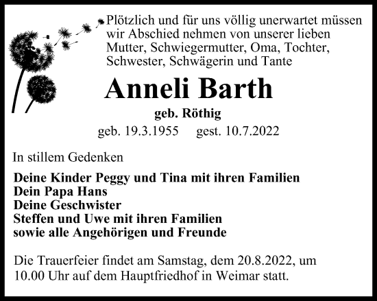Traueranzeige von Anneli Barth von Thüringer Allgemeine, Thüringische Landeszeitung