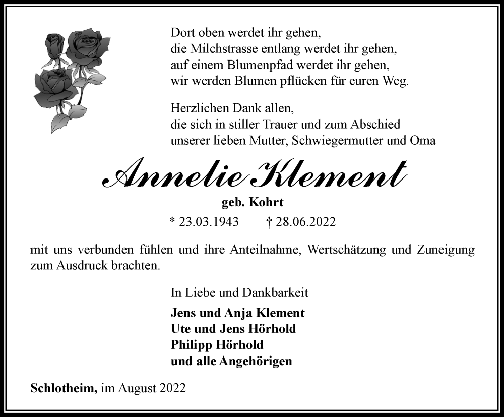  Traueranzeige für Annelie Klement vom 06.08.2022 aus Thüringer Allgemeine, Thüringische Landeszeitung