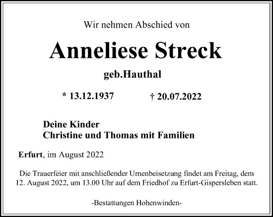 Traueranzeige von Anneliese Streck von Thüringer Allgemeine, Thüringische Landeszeitung