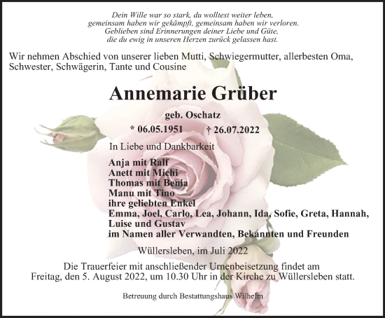 Traueranzeige von Annemarie Grüber von Thüringer Allgemeine