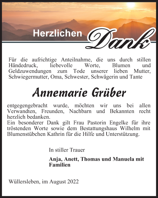 Traueranzeige von Annemarie Grüber von Thüringer Allgemeine