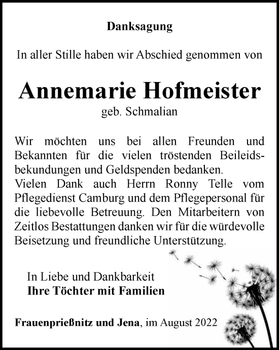 Traueranzeige von Annemarie Hofmeister von Ostthüringer Zeitung, Thüringische Landeszeitung