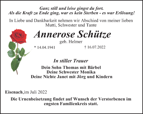 Traueranzeige von Annerose Schütze von Thüringer Allgemeine, Thüringische Landeszeitung