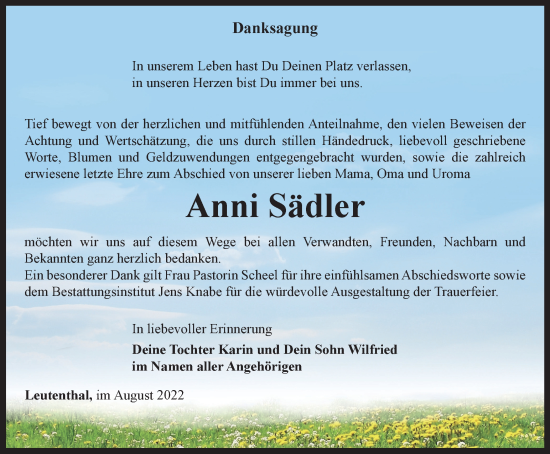 Traueranzeige von Anni Sädler von Thüringer Allgemeine, Thüringische Landeszeitung