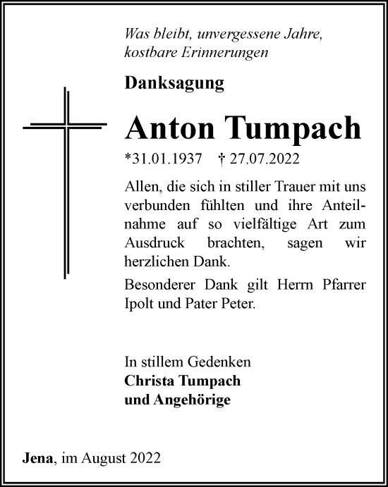 Traueranzeige von Anton Tumpach von Ostthüringer Zeitung, Thüringische Landeszeitung