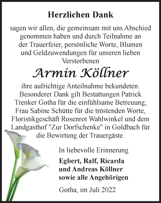 Traueranzeige von Armin Köllner von Thüringer Allgemeine, Thüringische Landeszeitung