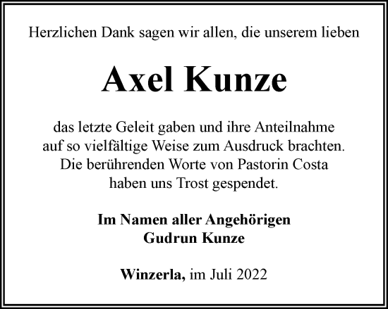 Traueranzeige von Axel Kunze von Ostthüringer Zeitung, Thüringische Landeszeitung