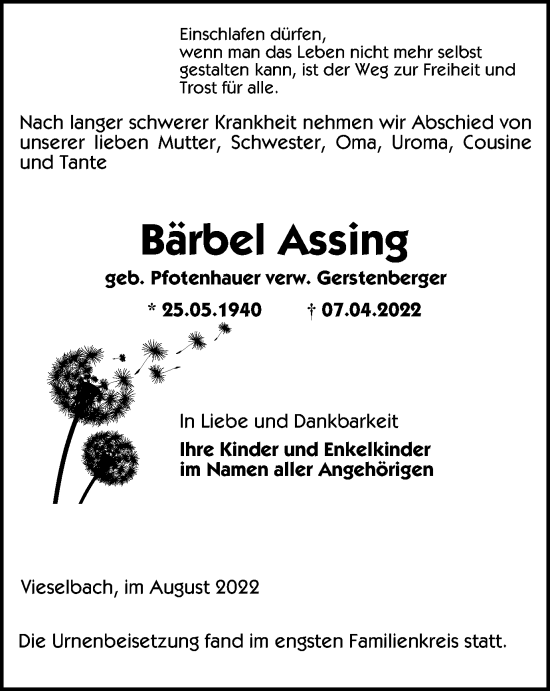 Traueranzeige von Bärbel Assing von Thüringer Allgemeine, Thüringische Landeszeitung