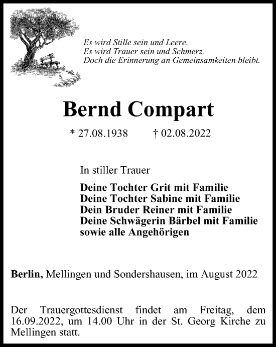 Traueranzeige von Bernd Compart von Thüringer Allgemeine, Thüringische Landeszeitung