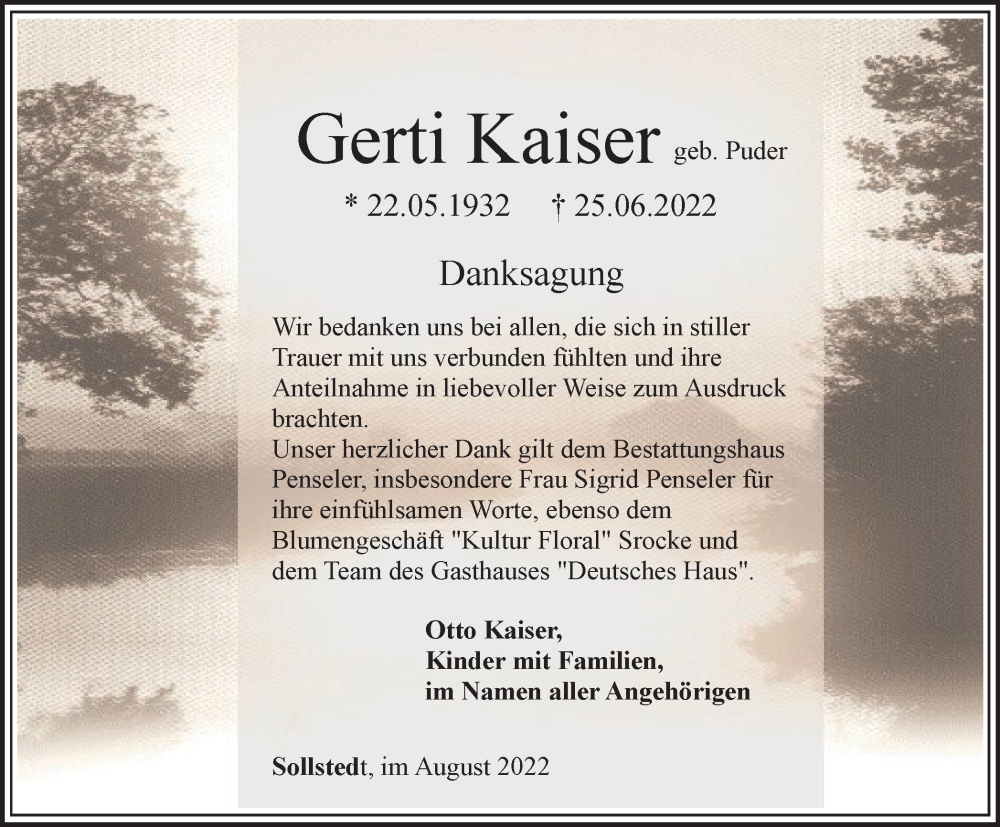  Traueranzeige für BesGerti Kaiser vom 06.08.2022 aus Thüringer Allgemeine