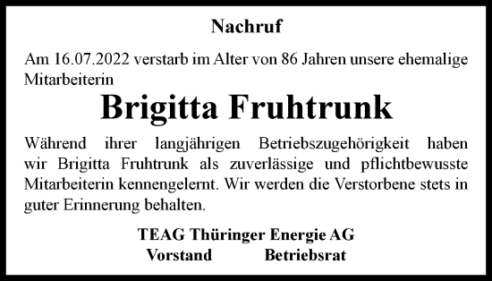 Traueranzeige von Brigitta Fruhtrunk von Ostthüringer Zeitung