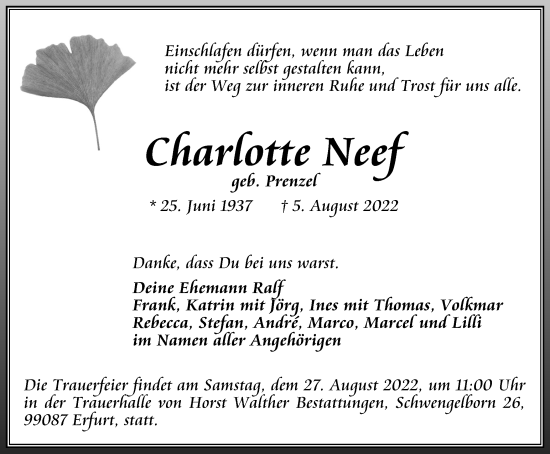 Traueranzeige von Charlotte Neef