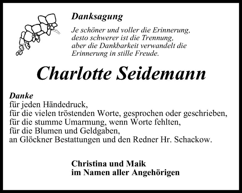  Traueranzeige für Charlotte Seidemann vom 27.08.2022 aus Ostthüringer Zeitung